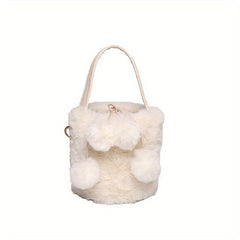 Faux Fur Pom Pom Bucket Bag Plush Drawstring Satchel