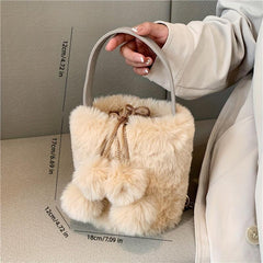 Faux Fur Pom Pom Bucket Bag Plush Drawstring Satchel