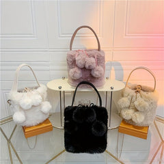 Faux Fur Pom Pom Bucket Bag Plush Drawstring Satchel