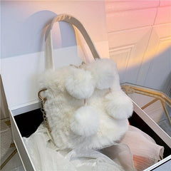 Faux Fur Pom Pom Bucket Bag Plush Drawstring Satchel