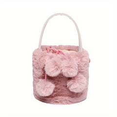 Faux Fur Pom Pom Bucket Bag Plush Drawstring Satchel