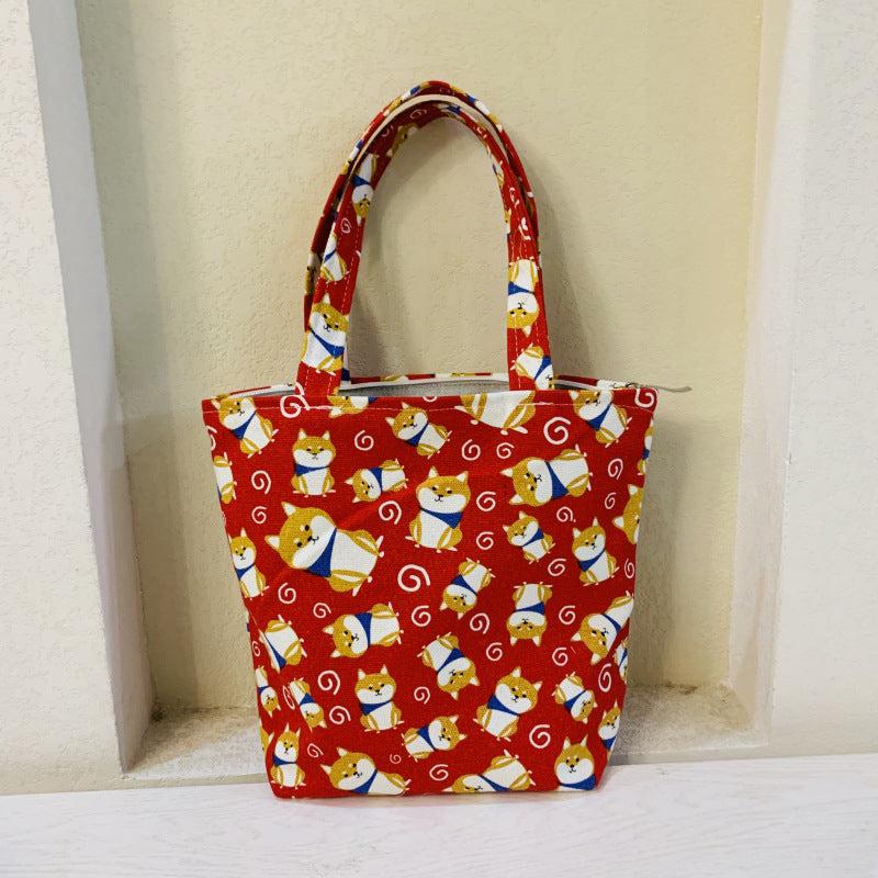 Cartoon Print Canvas Handbag Small Zipper Tote Bag Portable Lunch Bag