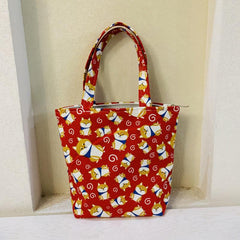 Cartoon Print Canvas Handbag Small Zipper Tote Bag Portable Lunch Bag