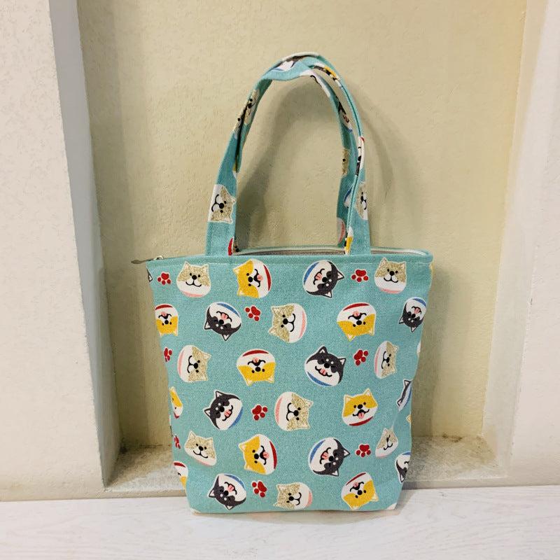 Cartoon Print Canvas Handbag Small Zipper Tote Bag Portable Lunch Bag