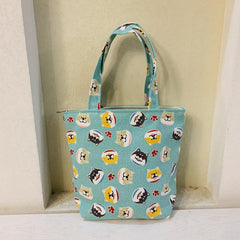 Cartoon Print Canvas Handbag Small Zipper Tote Bag Portable Lunch Bag