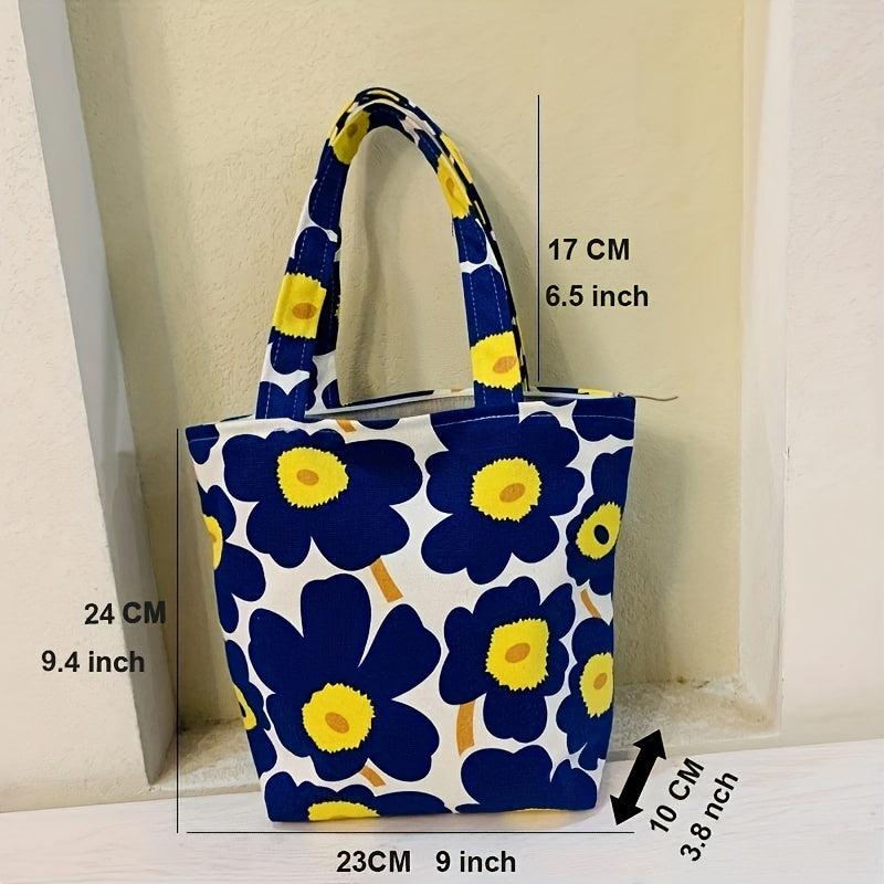 Cartoon Print Canvas Handbag Small Zipper Tote Bag Portable Lunch Bag