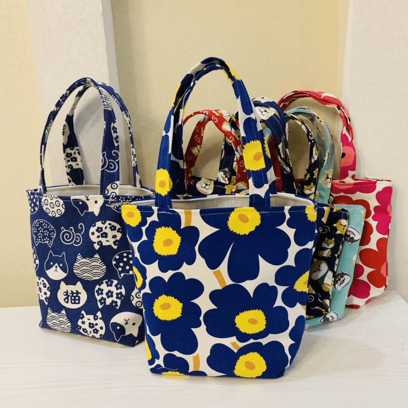 Cartoon Print Canvas Handbag Small Zipper Tote Bag Portable Lunch Bag
