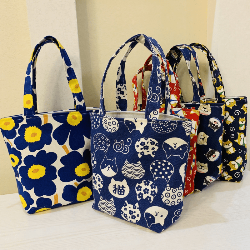 Cartoon Print Canvas Handbag Small Zipper Tote Bag Portable Lunch Bag