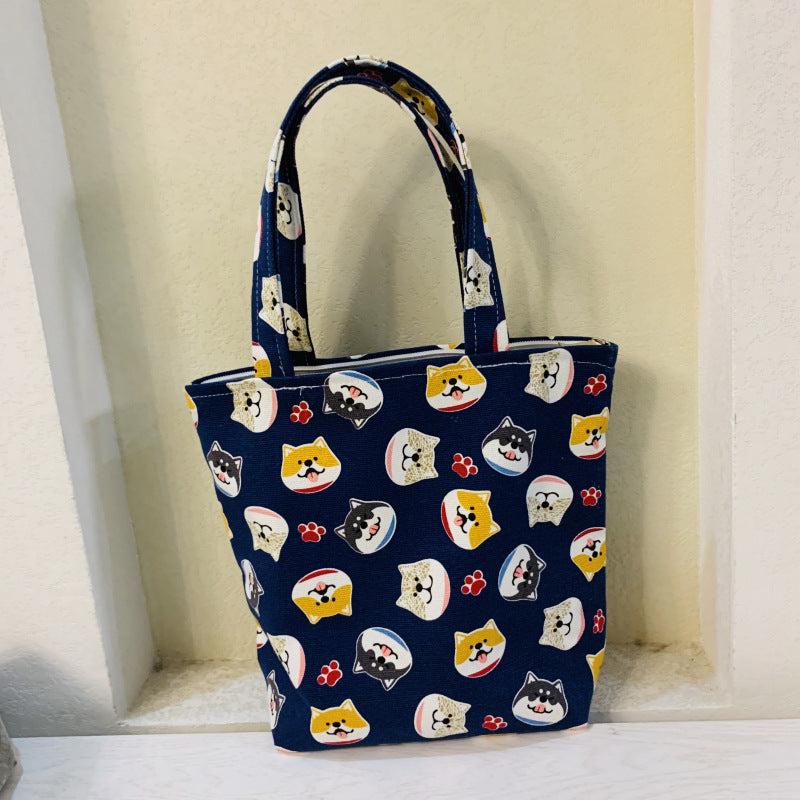 Cartoon Print Canvas Handbag Small Zipper Tote Bag Portable Lunch Bag