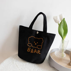 Animal Embroidery Canvas Bucket Bag Bear Pattern Lunch Bag