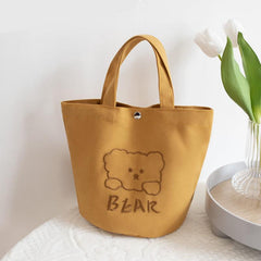 Animal Embroidery Canvas Bucket Bag Bear Pattern Lunch Bag