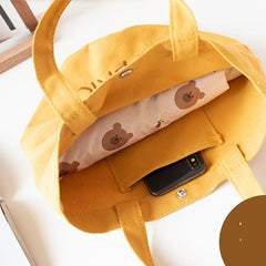 Animal Embroidery Canvas Bucket Bag Bear Pattern Lunch Bag