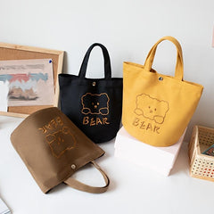 Animal Embroidery Canvas Bucket Bag Bear Pattern Lunch Bag