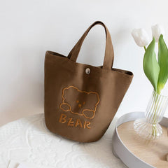 Animal Embroidery Canvas Bucket Bag Bear Pattern Lunch Bag