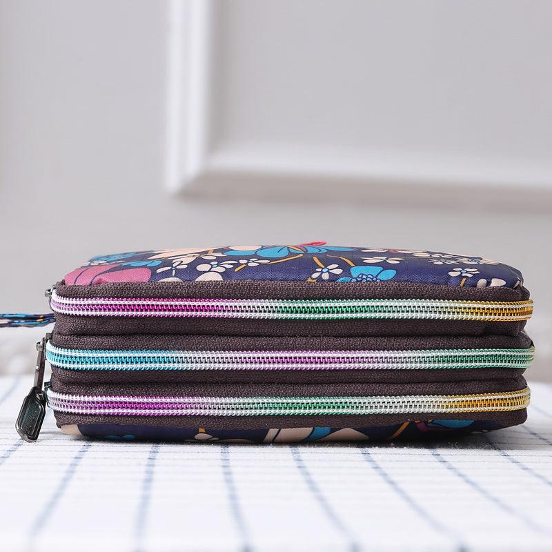 Triple Zipper Long Clutch Coin Purse Nylon Lightweight Wristlet Wallet