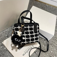 Mini Tweed Handbags Plaid Pattern Bucket Crossbody Bag Top Handle Satchel