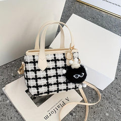 Mini Tweed Handbags Plaid Pattern Bucket Crossbody Bag Top Handle Satchel