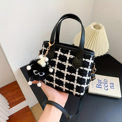 Mini Tweed Handbags Plaid Pattern Bucket Crossbody Bag Top Handle Satchel
