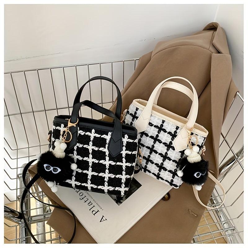 Mini Tweed Handbags Plaid Pattern Bucket Crossbody Bag Top Handle Satchel