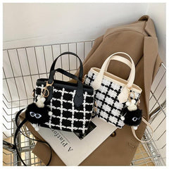 Mini Tweed Handbags Plaid Pattern Bucket Crossbody Bag Top Handle Satchel
