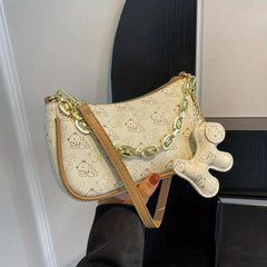 Bear Pattern Pendant Metal Chain Underarm Bag