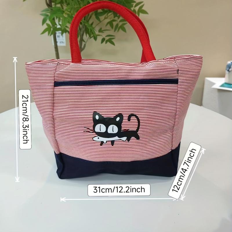 Cat Printed Striped Tote Bag Nylon Shoulder Bag