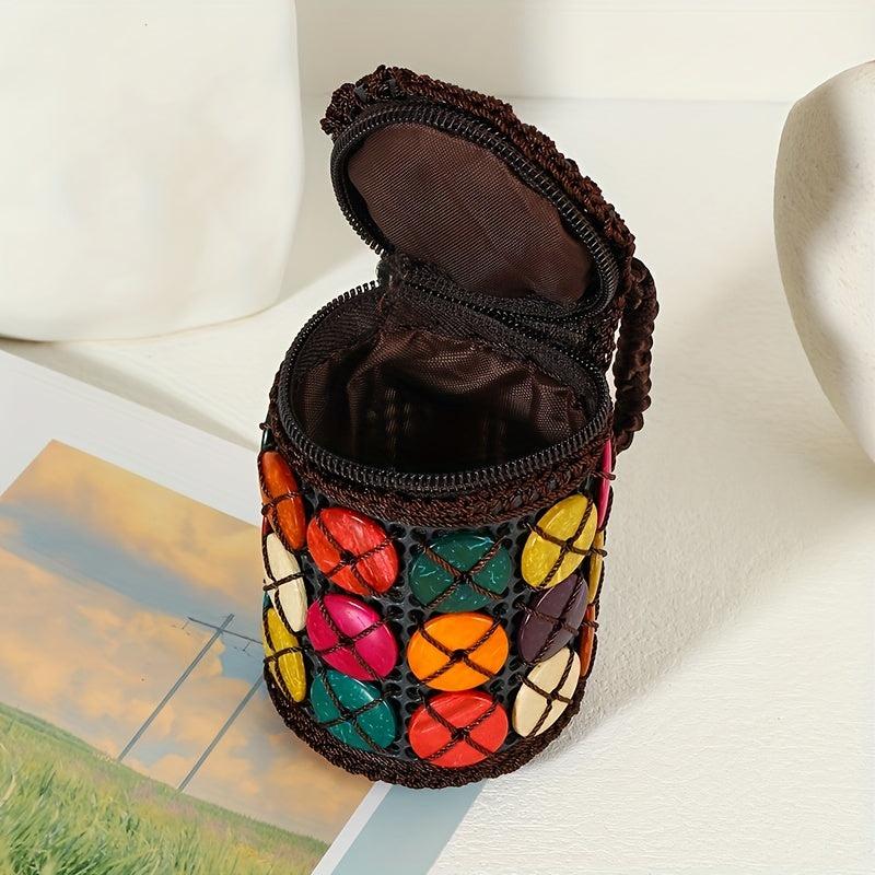 Boho Ethnic Barrel Bag Beaded Straw Satchel All Match Travel Handbag