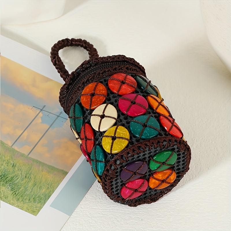 Boho Ethnic Barrel Bag Beaded Straw Satchel All Match Travel Handbag