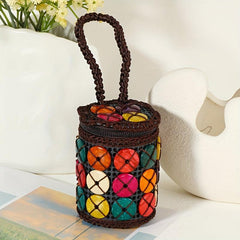 Boho Ethnic Barrel Bag Beaded Straw Satchel All Match Travel Handbag