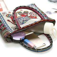 Boho Elephant Pattern Tote Bag Lightweight Handbag Embroidery Satchel