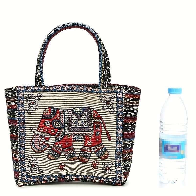 Boho Elephant Pattern Tote Bag Lightweight Handbag Embroidery Satchel