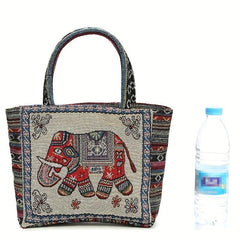 Boho Elephant Pattern Tote Bag Lightweight Handbag Embroidery Satchel