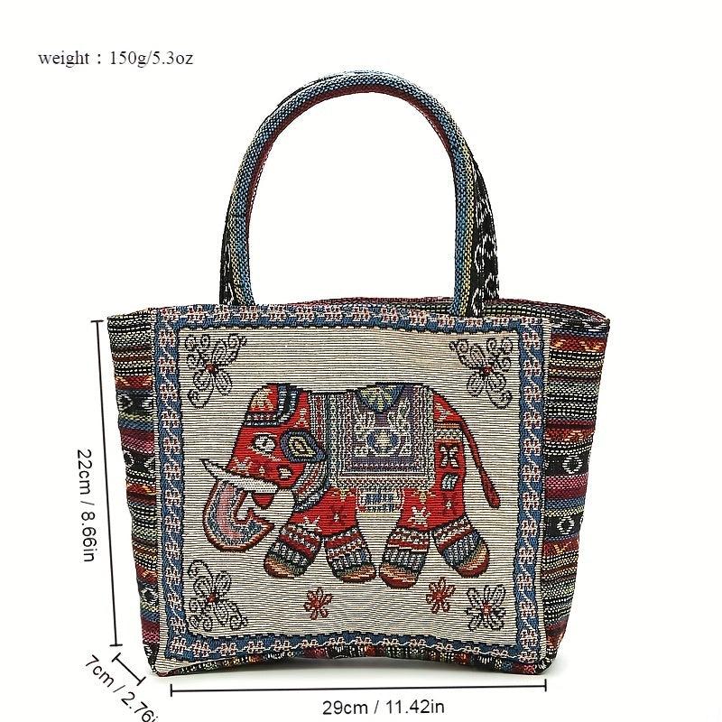 Boho Elephant Pattern Tote Bag Lightweight Handbag Embroidery Satchel