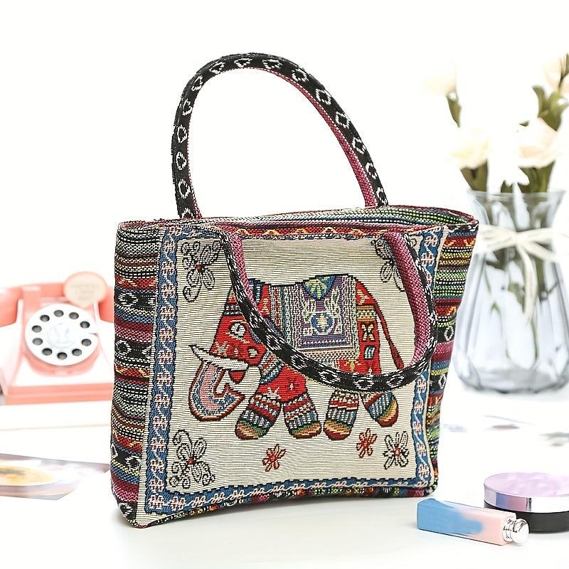 Boho Elephant Pattern Tote Bag Lightweight Handbag Embroidery Satchel