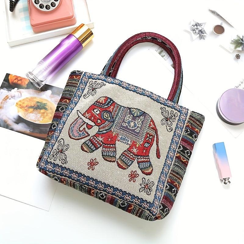 Boho Elephant Pattern Tote Bag Lightweight Handbag Embroidery Satchel