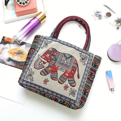 Boho Elephant Pattern Tote Bag Lightweight Handbag Embroidery Satchel