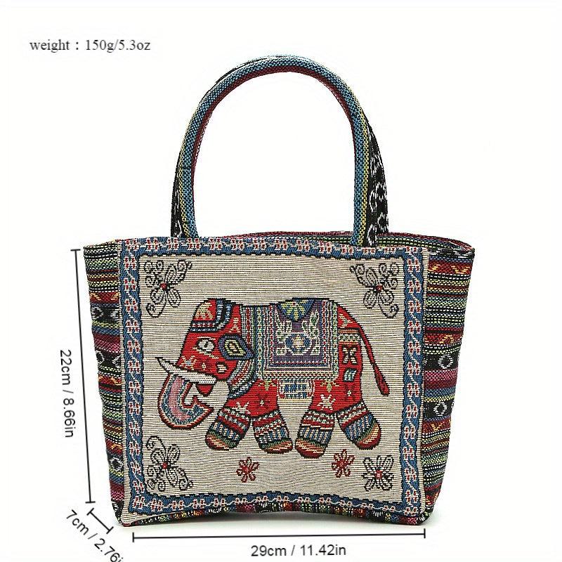 Boho Elephant Pattern Tote Bag Lightweight Handbag Embroidery Satchel