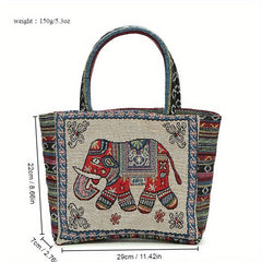 Boho Elephant Pattern Tote Bag Lightweight Handbag Embroidery Satchel