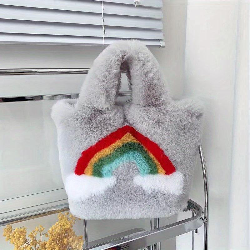 Rainbow Pattern Plush Handbag Cartoon Tote Bag For Women & Girls