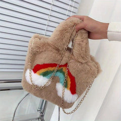 Rainbow Pattern Plush Handbag Cartoon Tote Bag For Women & Girls