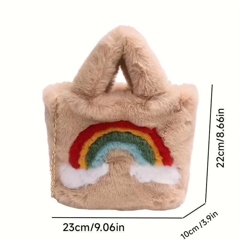 Rainbow Pattern Plush Handbag Cartoon Tote Bag For Women & Girls