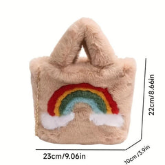 Rainbow Pattern Plush Handbag Cartoon Tote Bag For Women & Girls