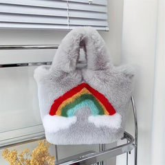 Rainbow Pattern Plush Handbag Cartoon Tote Bag For Women & Girls