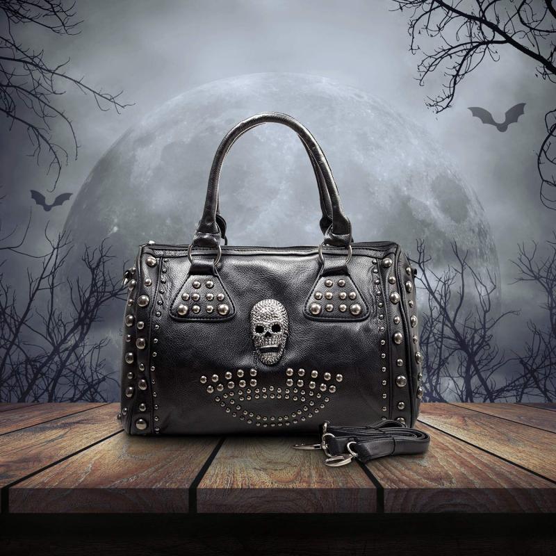 Gothic Skull & Rivets Decor Handbag Punk Zipper Storage Bag