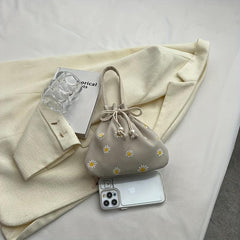 Stylish Daisy Flower Print Bucket Bag Drawstring Handbag Beige Coin Purse