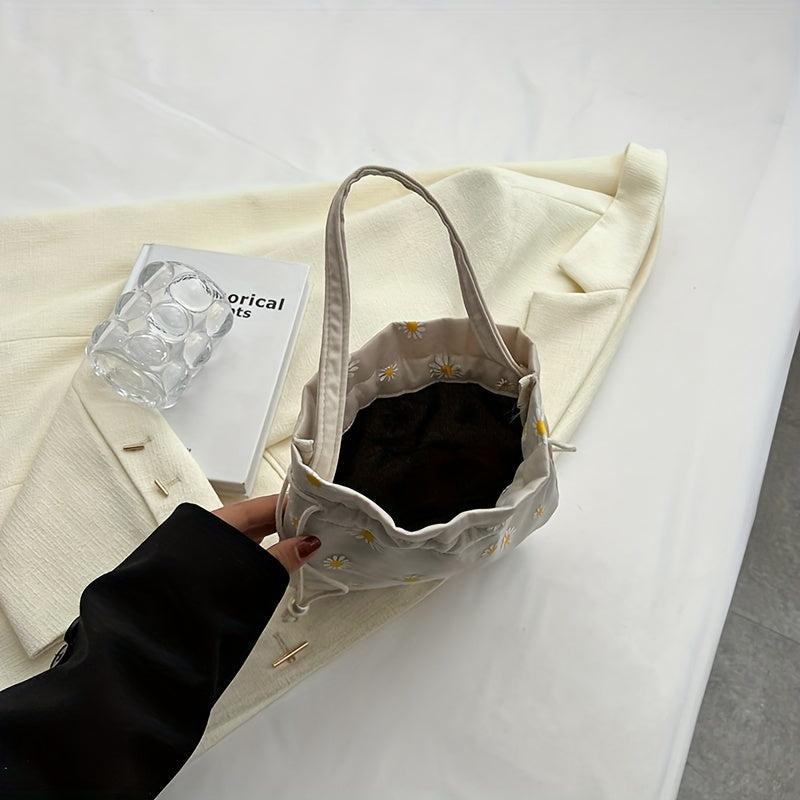 Stylish Daisy Flower Print Bucket Bag Drawstring Handbag Beige Coin Purse
