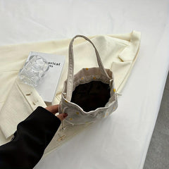 Stylish Daisy Flower Print Bucket Bag Drawstring Handbag Beige Coin Purse
