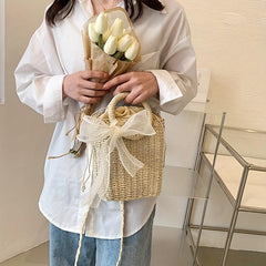 Straw Portable Bucket Bag Beach Bag With Scarf Decor