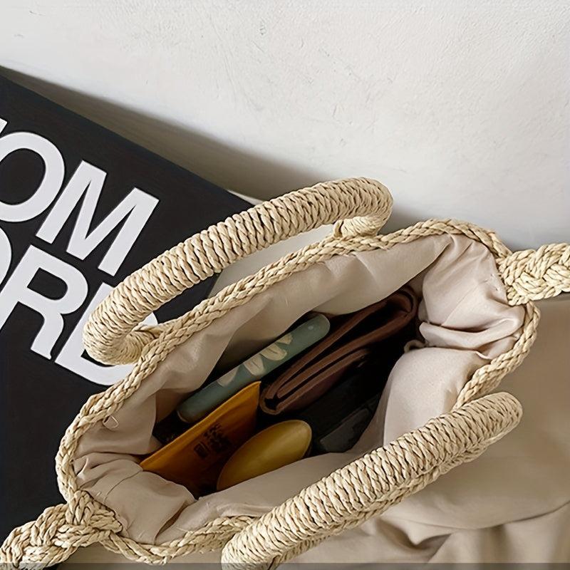 Straw Portable Bucket Bag Beach Bag With Scarf Decor