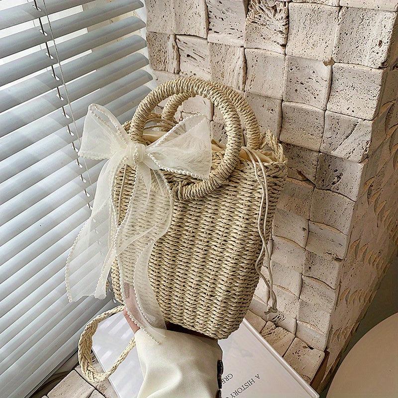 Straw Portable Bucket Bag Beach Bag With Scarf Decor